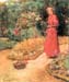 Woman cuts roses in a garden by Hassam