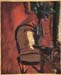 Chair with a plant in front of red wall by Anna Ancher